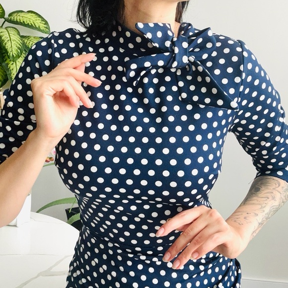 Pinup Polka Dot Pencil Dress in Navy with Neck Bow - Picture 2 of 9